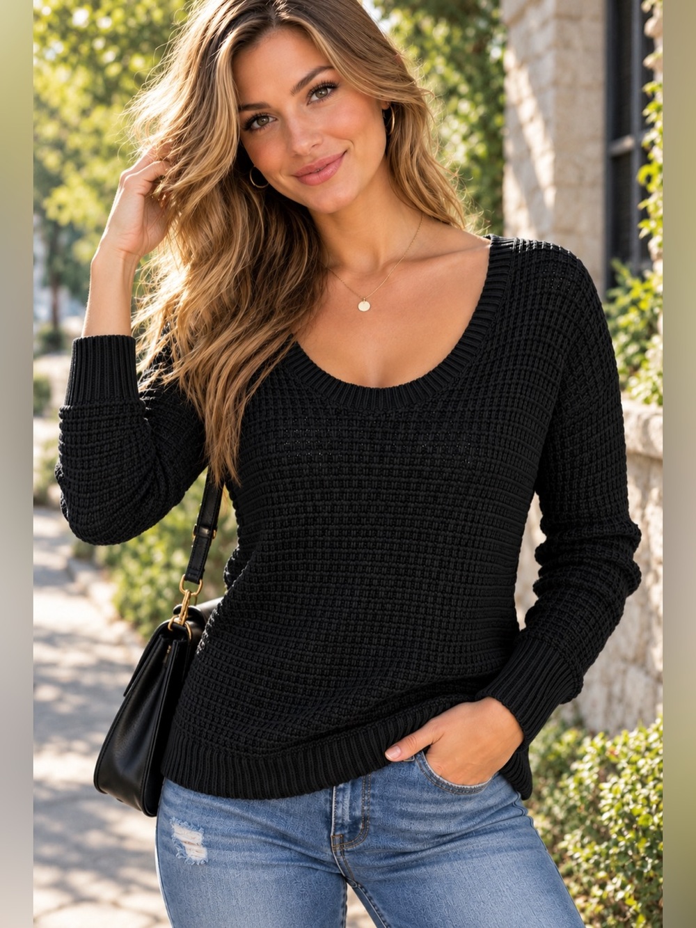 Victoria’s Secret Black Waffle Knit 100% Cotton Sweater S